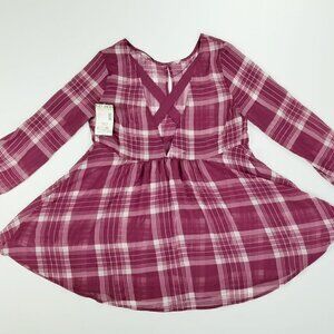 Bongo Juniors Medium Purple Plaid Caged Tunic Long Sleeve Sheer V Neck Shirt Top